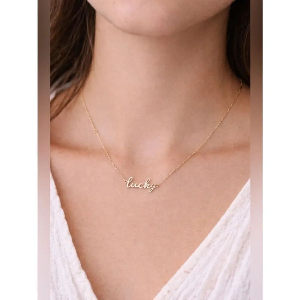 J Crew Gold Necklace “Lucky” Script Pendant